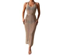 KOEMCY Damen Strandkleid Bikini Cover Ups Crochet Hollow Out Lang Beach Dress Ärmellose mit Seitenschlitz Strandkleider Badeanzug Cover-Ups (Khaki)