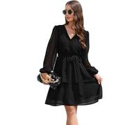 KOEMCY Damen Swiss Dot Chiffon Minikleid V-Ausschnitt Langarm A-Linie Freizeitkleid Gürtel Boho Kleid Herbst Kleider Strandkleid (Schwarz,L)