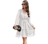 KOEMCY Damen Swiss Dot Chiffon Minikleid V-Ausschnitt Langarm A-Linie Freizeitkleid Gürtel Boho Kleid Herbst Kleider Strandkleid (Weiß,S)