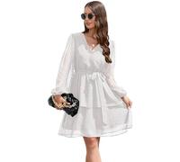 KOEMCY Damen Swiss Dot Chiffon Minikleid V-Ausschnitt Langarm A-Linie Freizeitkleid Gürtel Boho Kleid Herbst Kleider Strandkleid (Weiß,M)