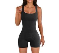 KOEMCY Jumpsuit Damen Kurz One Piece Bodysuit Nahtloser Stretch Bodycon Ärmellose Tank Top Romper Overall Square Ausschnitt Playsuit Casual Yoga Fitness (Schwarz, S)