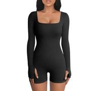 KOEMCY Jumpsuit Damen Langarm Gerippter Kurz Eng Yoga Bodysuit Overall mit Eckigem Ausschnitt Stretch Bodycon Romper Sportanzug Einteiler Hosenanzug Trainingsanzug (Schwarz L)