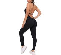 KOEMCY Jumpsuit Damen Sommer Lang Neckholder Bodysuit Elegant Hosenanzug Sportlich Rückenfrei Overall Figurbetont Turnanzug Schick Romper Outfit für Yoga Fitness Party