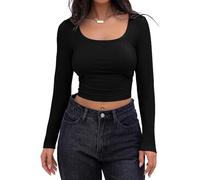 KOEMCY Langarmshirt Damen Slim Fit Oberteile Langärmliges Crop Top Basic Elegantes Bluse Longsleeve Tshirt Langen Ärmeln Hauteng Tops (Schwarz/M)