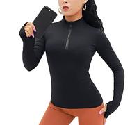 KOEMCY Langarmshirt Damen Sweatshirt Sportshirt Leicht Fitness Oberteil mit 1/4 Reißverschluss Laufshirt mit Daumenlöcher Gym Top Stehkragen Oberteil Yoga Langarm (Schwarz,M)
