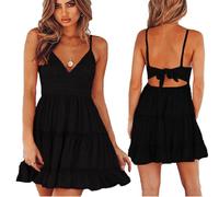 KOEMCY Mini Kleider Damen Sommer V Ausschnitt Trägerkleid Abendkleid Kurz Sommerkleid Sexy Hinten-Schnüren Schleife Rückenfrei Spitzenkleid Strandkleid Schwingen Rüschen Minikleid (M)