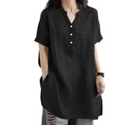 KOEMCY Musselin Damen Bluse V Ausschnitt Tunika Shirt Leinenbluse Oberteil Sommer Knopfleiste Bluse Locker Große Größen Kurzarm Bügelfrei Longbluse Elegant Blusenshirt(Grün/XXL)