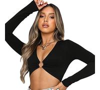 KOEMCY Oberteil Damen Bluse Langarmshirt Sexy Crop Tops V Ausschnitt Slim Fit Oberteil Pullover Casual Streetwear Party Langarm Longshirt (Schwarz,L)