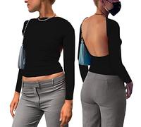 KOEMCY Oberteil Damen Bluse Langarmshirt Sexy Rückenfreies Top Front Back Reversible Tops Casual Langarm Shirts Party Streetwear Y2K Slim Fit Oberteil (Schwarz,M)