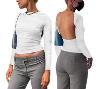 KOEMCY Oberteil Damen Bluse Langarmshirt Sexy Rückenfreies Top Front Back Reversible Tops Casual Langarm Shirts Party Streetwear Y2K Slim Fit Oberteil (Weiß,S)
