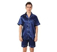 KOEMCY Satin Schlafanzug Damen Herren Kurz Paar Pyjamas Set Nachtwäsche Knopfleiste Hemd Sleepwear Tops mit Shorts Matching Pyjamas Couple Loungewear (Blau-2,XL)