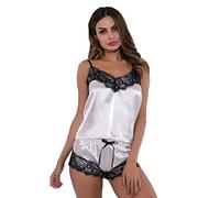 KOEMCY Schlafanzug Damen Kurz Pyjama Set Spitzen Sexy Dessous Satin Pyjama Set Cami Top Shorts Sexy V-Ausschnitt Ärmellos Sleepwear Nachtwäsche (Weiß,L)