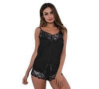 KOEMCY Schlafanzug Damen Kurz Pyjama Set Spitzen Sexy Dessous Satin Pyjama Set Cami Top Shorts Sexy V-Ausschnitt Ärmellos Sleepwear Nachtwäsche (Schwarz,S)