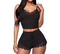 KOEMCY Schlafanzug Damen Spitzen Sexy Dessous Cami Schlafanzug Kurz Set Sexy V-Ausschnitt Sleepwear Crop Top Shorts Sets Ärmellose Camisole Loungewear (Schwarz,L)
