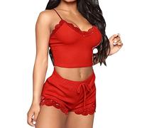KOEMCY Schlafanzug Damen Spitzen Sexy Dessous Cami Schlafanzug Kurz Set Sexy V-Ausschnitt Sleepwear Crop Top Shorts Sets Ärmellose Camisole Loungewear (Rot,M)