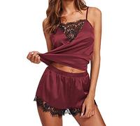 KOEMCY Schlafanzug für Damen Satin Schlafanzügen Spitze Pyjama Set Sexy V-Ausschnitt Sleepwear Ärmellose Camisole Shorts Negligee Hausanzug (Rot,M)