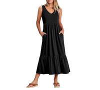 KOEMCY Sommerkleid Damen Ärmellos V-Ausschnitt Maxikleid Sommer Dress A-Linie Lang Kleid Strandkleid Tank Kleid mit Taschen (Schwarz, S)