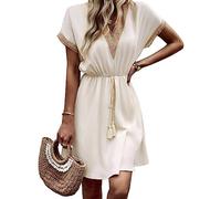 KOEMCY Sommerkleid Damen V-Ausschnitt Kurzarm Strandkleid Spitzenkleid Midikleid Casual A-Linie Kleid (Aprikose, L)