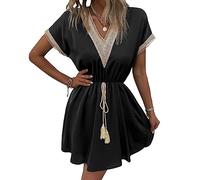 KOEMCY Sommerkleid Damen V-Ausschnitt Kurzarm Strandkleid Spitzenkleid Midikleid Casual A-Linie Kleid (Schwarz, XL)