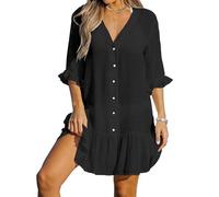 KOEMCY Strandkleid Damen V-Ausschnitt Cover Up Sommer Strand Tunika Strandtunika Bikini Strandurlaub Badeanzug Kurzärmeliger Kittel (Schwarz L)