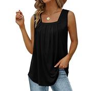 KOEMCY Tank Top Damen Blusen Ärmellose Square Neck Oberteile Loose Fit Plissee Basic Camisole Tops Sommer T-Shirts Weste (Schwarz, L)