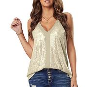 KOEMCY Tank Top Damen Oberteile Sparkle Pailletten V-Ausschnitt Loose Fit Sexy Camisole Tank Top Weste Blusen Sommer Party (Aprikose, XL)