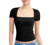 KOEMCY Tops Damen Eckigem Ausschnitt in Schmaler Passform Halbarm-T-Shirt Crop Tank Top Sexy Baufreie Oberteile Leicht Fitness Sport Tops Slim Fit Shirts (Schwarz S)