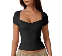 KOEMCY Tops Damen Herzförmiger Ausschnitt in schmaler Passform Halbarm-T-Shirt Crop Tank Top Sexy Baufreie Oberteile Leicht Fitness Sport Tops Slim Fit Shirts (Schwarz M)