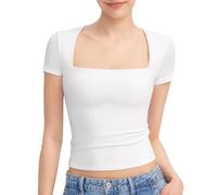 KOEMCY Tshirt Damen Sommer Quadratischer Ausschnitt Basic T Shirt Kurzarm Figurbetont Shirts Damen Sommer Casual Oberteil Elastisch Crop Top Slim Fit Elegant Tshirt Alltag Freizeit
