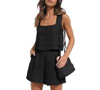 KOEMCY Zweiteiler Damen Gerippt Spaghettiträger Ärmelloses Tank Tops und Hoch Taillierte Shorts mit Taschen 2 Teiler Sets Loung Schlafanzug Sommerkleidung(M)