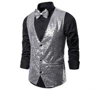 Königsblaue glänzende Paillettenweste für Herren, schmale Passform, V-Ausschnitt, ärmellos, Glitzerweste, geeignet für formelle und thematische Outfits (XL Silber)