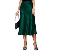 Koerye Damen Satin Rock Midi Länge Rock A Linie Skirt Elegant Seidiger Midirock Grün,L