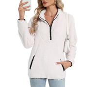 Koerye Pullover Damen Winter Fleecepullover Teddyjacke Sweatshirt Herbst Flauschig Pulli mit 1/4 Zip Fleece Weich Langarmshirt mit Taschen Tops Beige,L