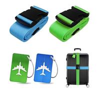 Koffergurt Kofferanhänger Set, 2 Stück gepäckband mit 2 Stück Gepäckanhänger Set, Kofferband Gurt Personalisierte Identifikation für Schnell erkennen Gepäck Reisetasche Koffer (Blau+Grün)