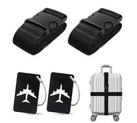 Koffergurt Kofferanhänger Set, 2 Stück gepäckband mit 2 Stück Gepäckanhänger Set, Kofferband Gurt Personalisierte Identifikation für Schnell erkennen Gepäck Reisetasche Koffer (Schwarz)