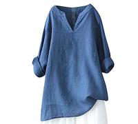 KOG Amazon Basics Langarmshirt Damen Langarm Leinenbluse Shirt Einfarbige Blusen Lässig Baumwolle Leinen Bekleidung Frau Oberteil Freizeit Bluse Frauen Rundhals Fashion T-Shirt Prime Hellblau 3XL