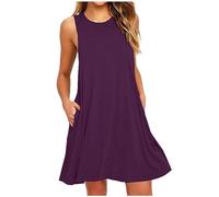 KOG Amazon Basics Sommerkleid Sommerkleider für Damen Casual Kleid Einfarbige Vintage Oberteil Blusen Kleider Bequeme Frau Umstandskleid Baumwolle Brautjungfernkleider Gutscheine Lila XL