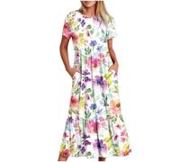 KOG Amazon Basics Sommerkleider für Damen Sommerkleid Elegant Blumenkleid Teenager Basic T-Shirt Kleid Swing Boho-Kleid Blusenkleider Baumwolle Hochzeitsgast Kleid Sale Damen Mehrfarbig L
