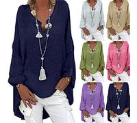 KOG Angebote Langarmshirt für Damen Langarm Leinenbluse Kleidung Einfarbig Tunika Warm Baumwolle Leinen Bluse Oberteil Elegante Hemd Frau V-Ausschnitt Casual Blusen Gutscheine Marine XL