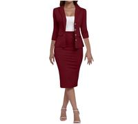 KOG Blazer Damen Elegant 2-Teiliges Outfit Rock Anzug Set Frauen Dünne Festlich Blazer Bleistiftrock Anzug Set Casual Outfits für Arbeit Business Kostüm Hosenanzüge Hosenanzug Wein XXL