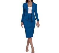 KOG Blazer Damen Elegant 2-Teiliges Outfit Rock Anzug Set Frauen Dünne Festlich Blazer Bleistiftrock Anzug Set Casual Outfits für Arbeit Business Kostüm Hosenanzüge Hosenanzug Blau M