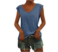 KOG Bluse Damen Elegant Ärmellose T-Shirt Shirt Casual Oberteile mit Flügelärmeln Frauen Kleidung Frau Sommer Shirts Top Damen V-Ausschnitte Tshirt Klamotten Blau M