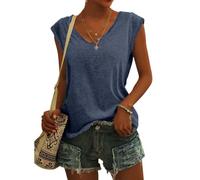 KOG Bluse Damen Elegant Ärmellose T-Shirt Shirt Casual Oberteile mit Flügelärmeln Frauen Kleidung Frau Sommer Shirts Top Damen V-Ausschnitte Tshirt Klamotten Dunkelblau S
