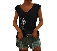 KOG Bluse Damen Elegant Drucken Tshirt T-Shirt Casual V-Ausschnitte Tunika Weste Frauen Mode Motiv Vintage Frühling Kleidung Oberteil Bekleidung Fraun Locker Sommer Tank Top Black XL