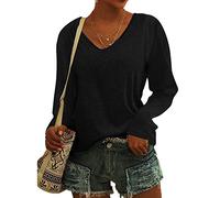 KOG Bluse Damen Elegant Langarm T-Shirt Tops Shirt Casual Weiß Oberteile Frauen Schwarz Kleidung Frau Grau Sommer Shirts Top Damen V-Ausschnitte Tshirt Casual Rundhals Klamotten Teenager Schwarz XXL