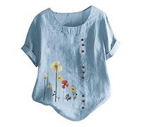 KOG Damen Shirt Basic Baumwolle Leinen Bekleidung Fashion Baumwolle Blusen Bluse Sommer Mode Motiv Hemd Teenager Rundhals Oversized Tee T-Shirt Blau XL