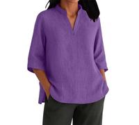 KOG Damen Shirt Elegant Leinen Tshirt Casual Kurzarm Tee Shirt Teenager Oberteil Fashion Baumwolle Leinen Bluse Frauen Rundhals Blusenshirt Lila XL