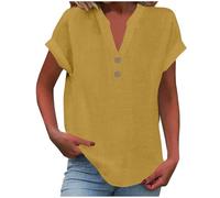 KOG Damen Shirt Elegant Leinenhemd Kleidung Fashion Kurzarm Oberteile Teenager Tuniken Oversize Leinenshirt Longshirt Frauen Rundhals Retro Tops Gelb 5XL