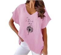 KOG Damen Shirt Mode Baumwolle Leinen Bekleidung Retro Kurzarm Blusenshirt Frau T-Shirt Slim Fit Tie-Dye Muster Tunika Rundhals Vintage Top Rosa L