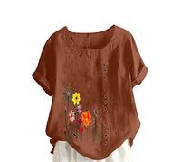 KOG Damen Shirts Fashion Baumwolle Leinen Longshirt Lose Kurzarm Bluse Frauen Vintage Oberteile Frau Henley Ausschnitt Retro T-Shirt Kaffee XXL